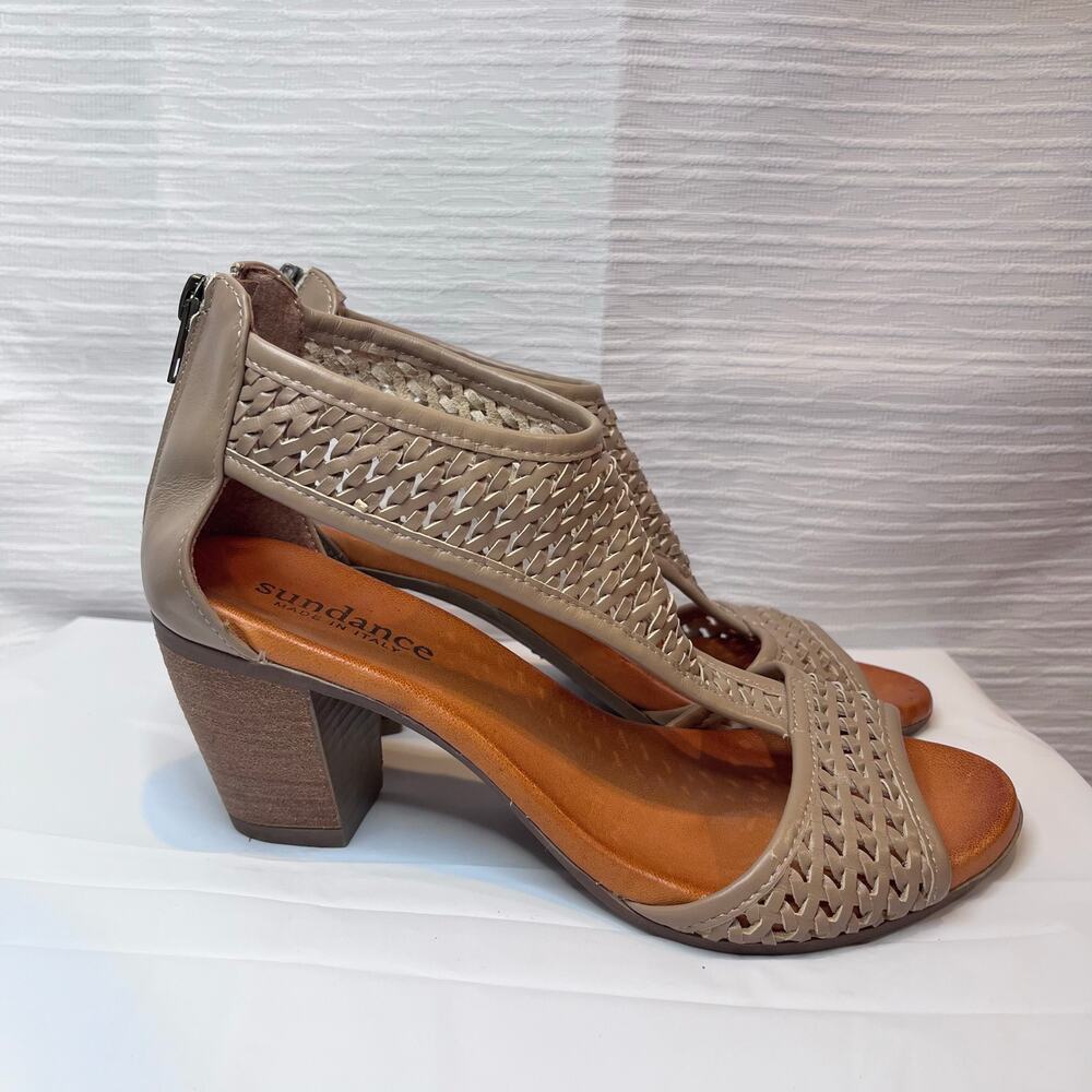Sundance Taupe Woven Leather Block Heel Sandals
